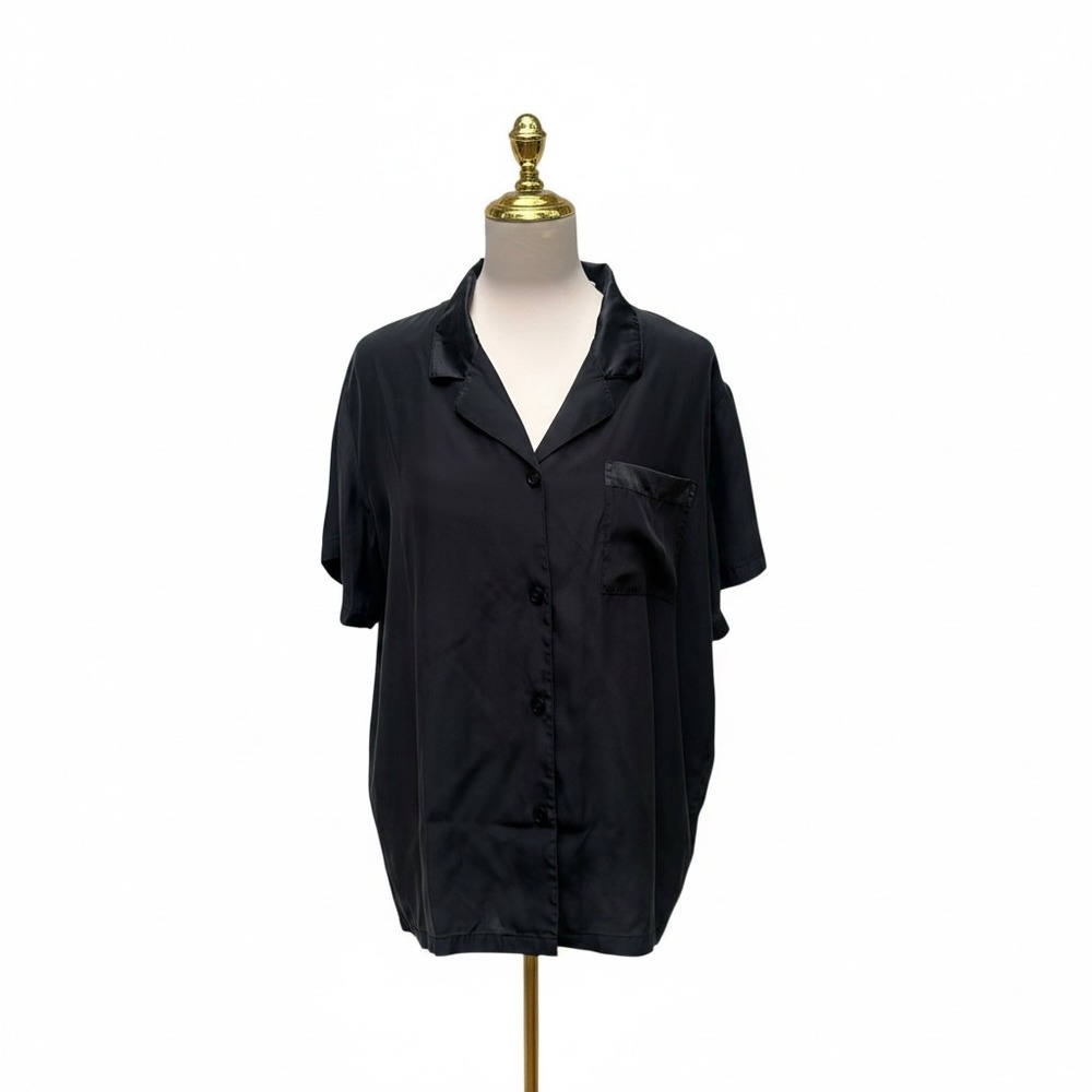 VTG Laura Leigh Ltd Pajama Top XL Black 100% Silk Short Sleeve Button Up Luxury